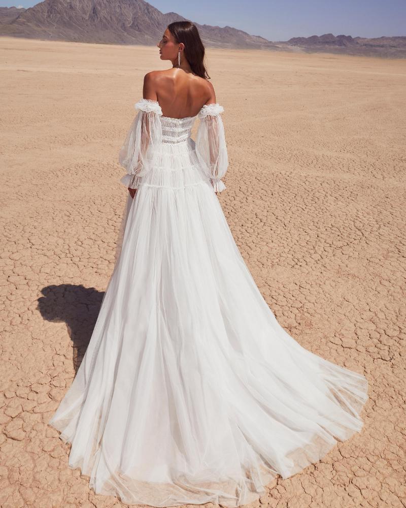 Lp2411 beach boho wedding dress with plunging neckline and tulle a line silhouette2